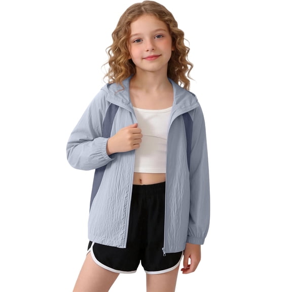 Girls Packable Lightweight Hooded Jacket - Breathable Nylon Windbreaker Travel Outerwear for Active Kids (Gray),Size 7 T
