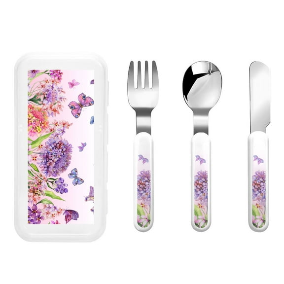 Easygdp Flowers And Colorful Butterflies 3-Piece Flatware Set Kids Silverware, Stainless Steel Toddler Kids Utensils Safe for Preschooler Children