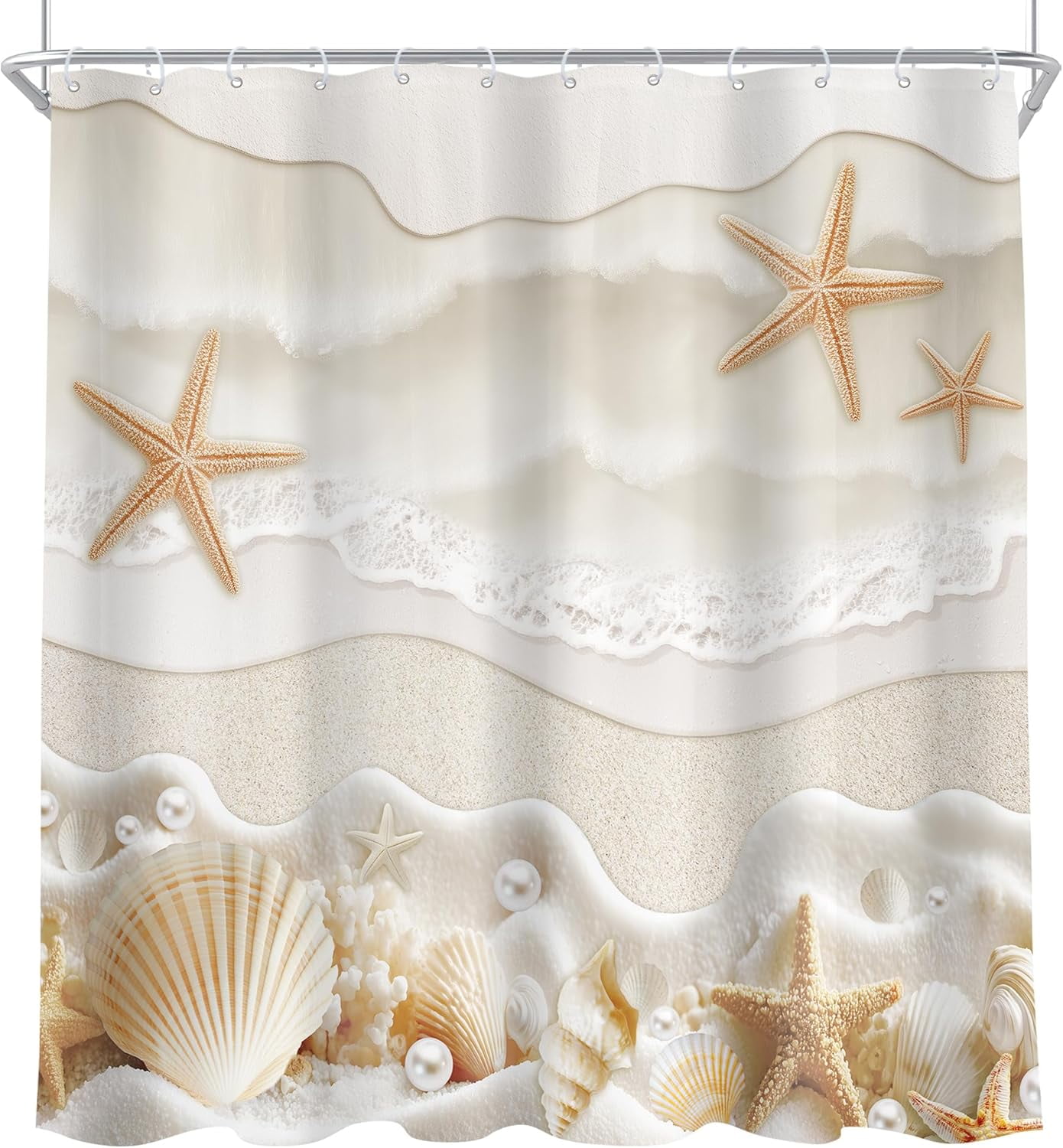Starfish Beach Coastal Shower Curtain Beige White Ocean Seashells Conch Pearl Coral Seacoast Sand Sea Waves Bathroom Curtain Set Modern Bath Bathroom Accessories Decor-72"W x 72"L (Pack of 1)