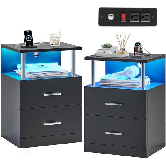 VIAGDO Black Nightstand Set of 2 with Charging Station and USB Ports, LED Night Stand with 2 Drawers, Modern End Side Tables with Open Storage, Bedside Tables for Bedroom, Office
