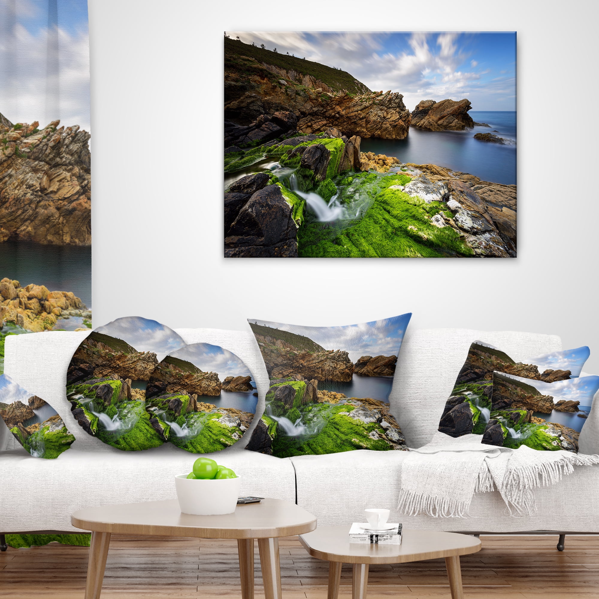 Designart Rocks and Waterfall in Spanish Coast - Seashore Photo Throw Pillow - 16x16