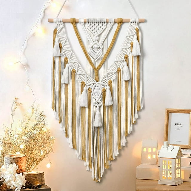Tapiz tejido para colgar en la pared, arte tejido moderno y elegante, decoración del hogar hecha a mano, decoración de pared con cuentas para bodas, dormitorios, salas de estar (marrón) brillar Electrónica