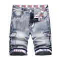 thumbnail image 2 of WREESH Men's Denim Shorts Zipper Elastic Slim Casual Denim Shorts Play Wrap Ripped Mid-Length Shorts Jean Shorts Light Blue, 2 of 9