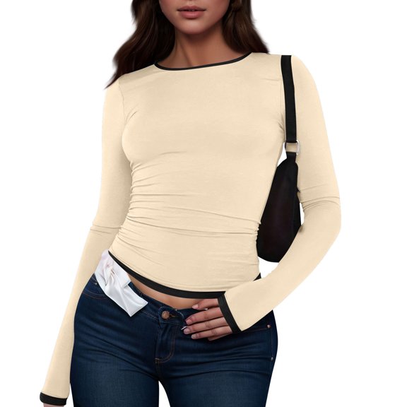 WTOBBY Women's Fashion Black Color Blocking Round Neck Long Sleeve T-Shirt Top, Casual Stylish Blouse for Comfortable and Versatile Everyday Outfits,Beige L