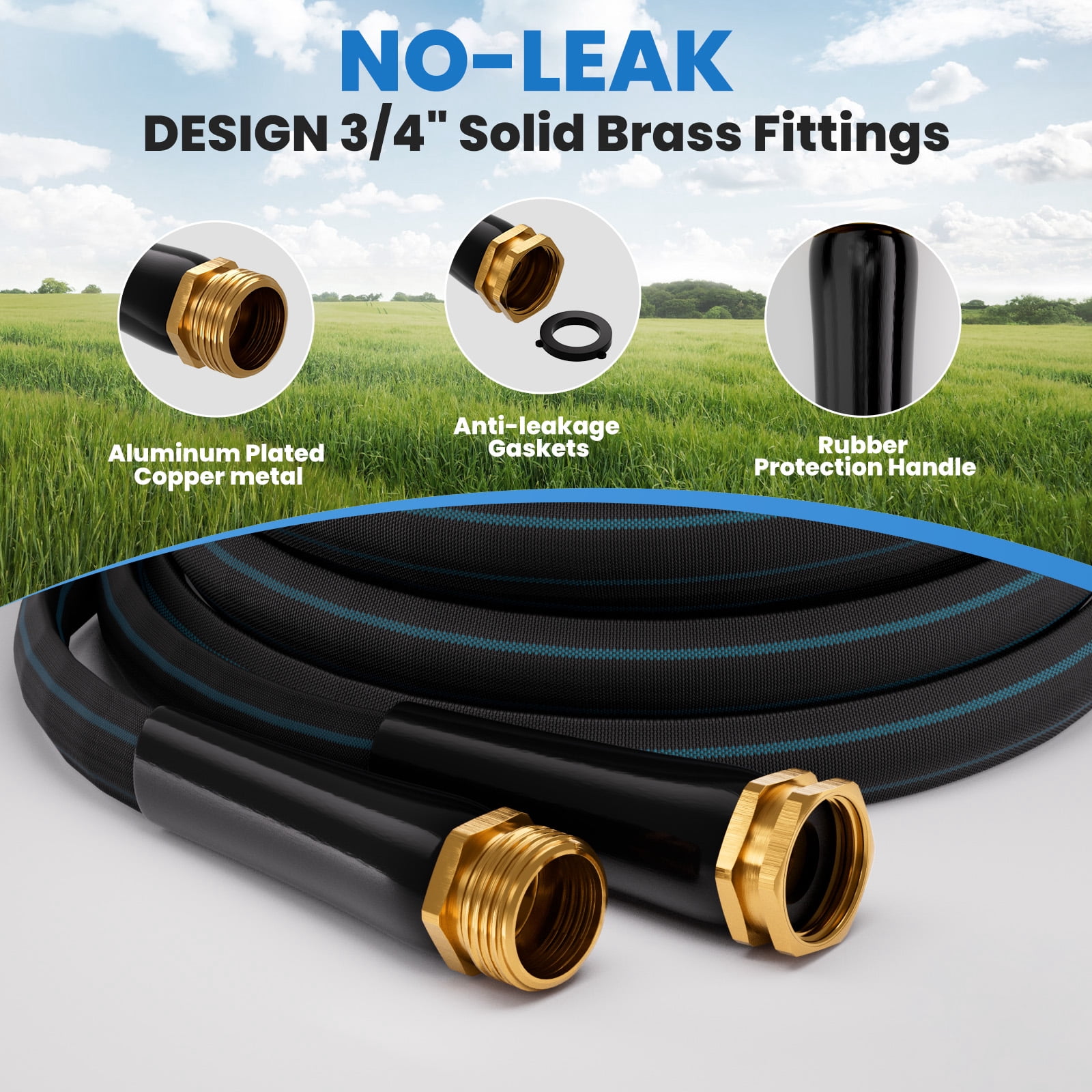 Haeteir 50ft Non-Expanding Garden Hose, Lightweight & Kink-Free, Flexible Heavy Duty Water Hose for Lawn, Yard, Car Washing (3/4" Solid Brass Fittings, Crush-Resistant)