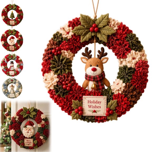 10" 3D Fabric Poke Wreath DIY Kit for Adults Christmas Holiday Decor, No Sew Fabric Poke Art Kit, Complete Craft Kit with Pre-cut Fabric Pieces for DIY Holiday Door Hanging Wreath