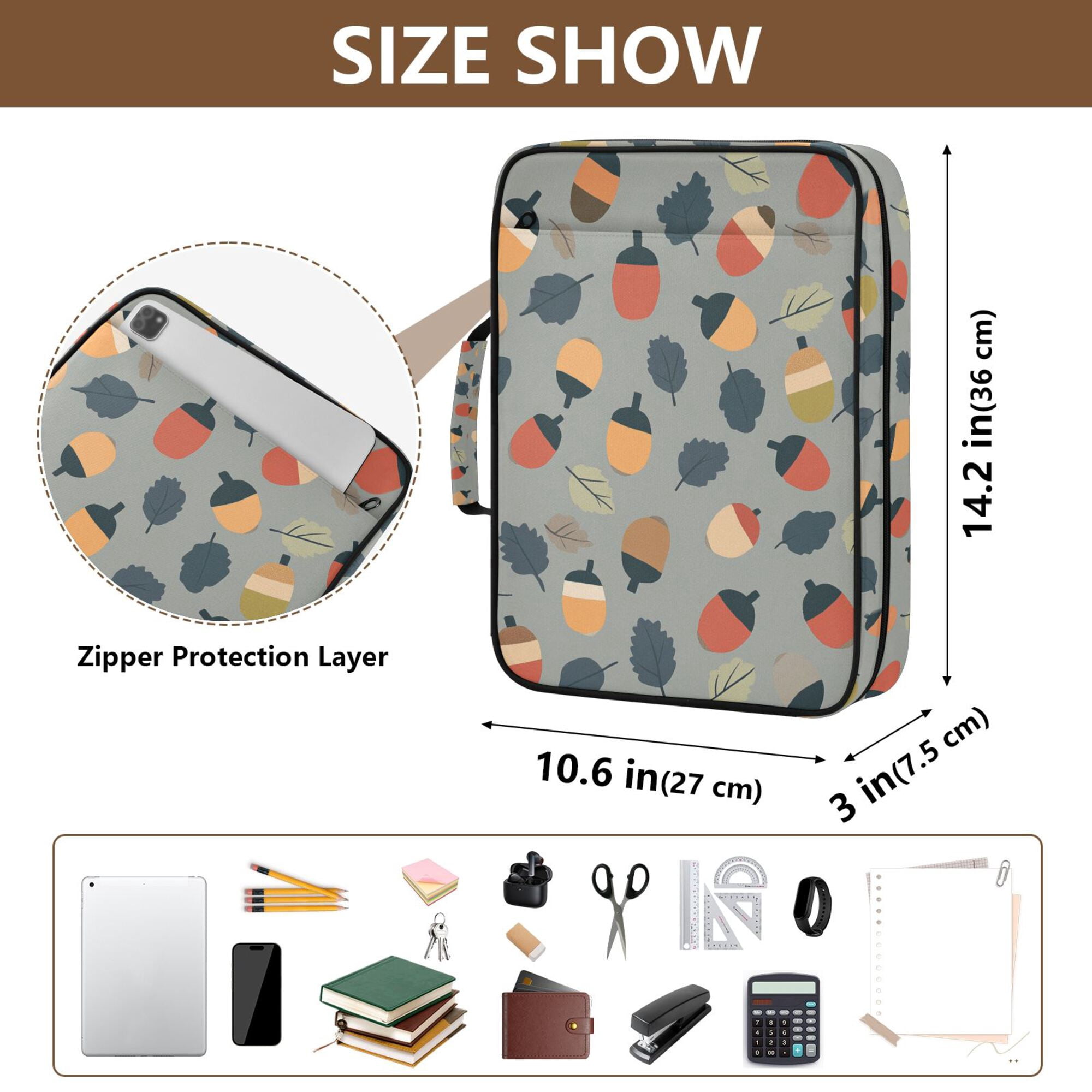 FORMRS Accordion File Folder A4 Size 7-Pocket Expanding Document Organizer Bag with 3 Ring Binder, Gray Acorns Pattern