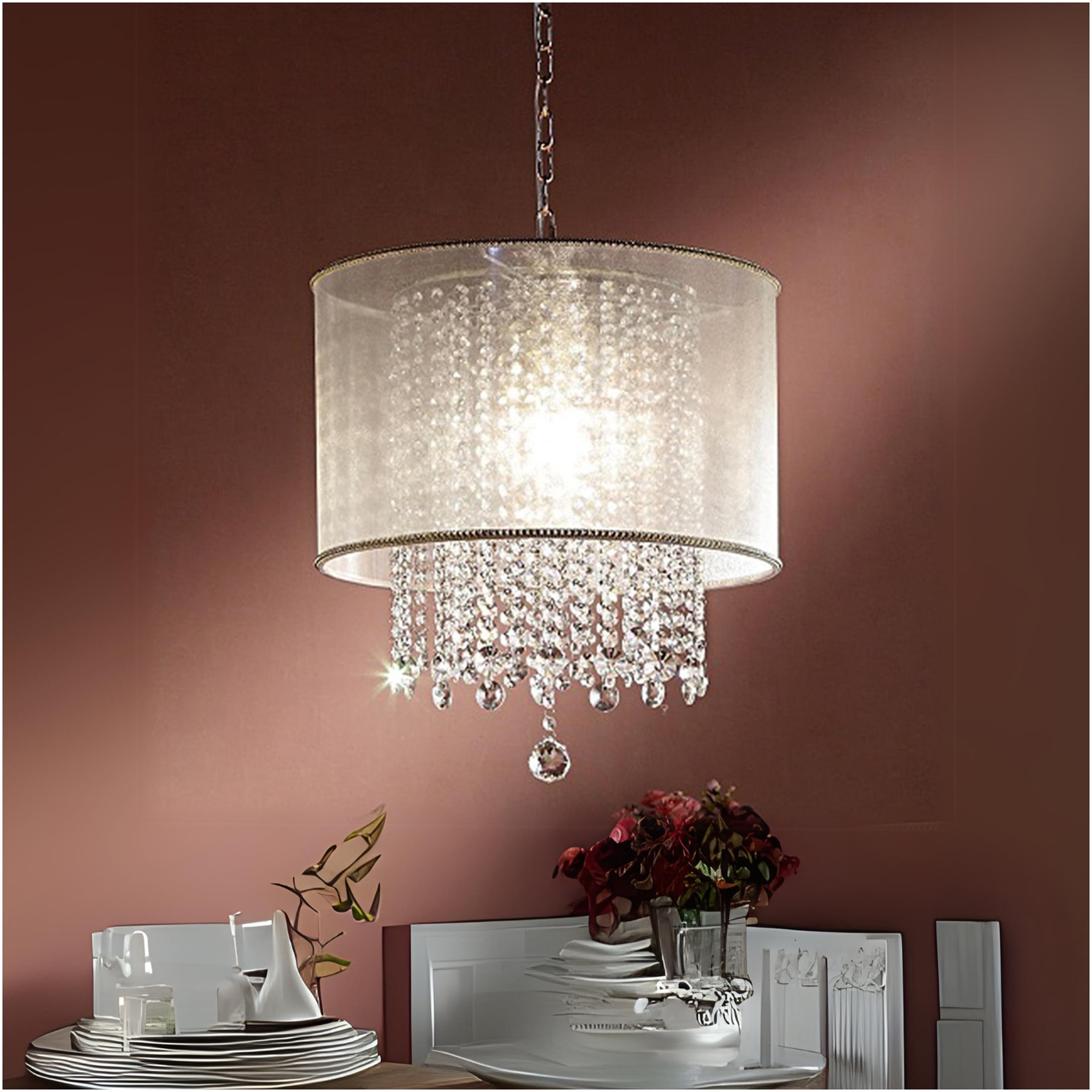 JERFIT Gold Crystal Ceiling Lamp with White Silk Shade, Modern Chandelier Light Fixture for Dining Room, Bedroom, Foyer