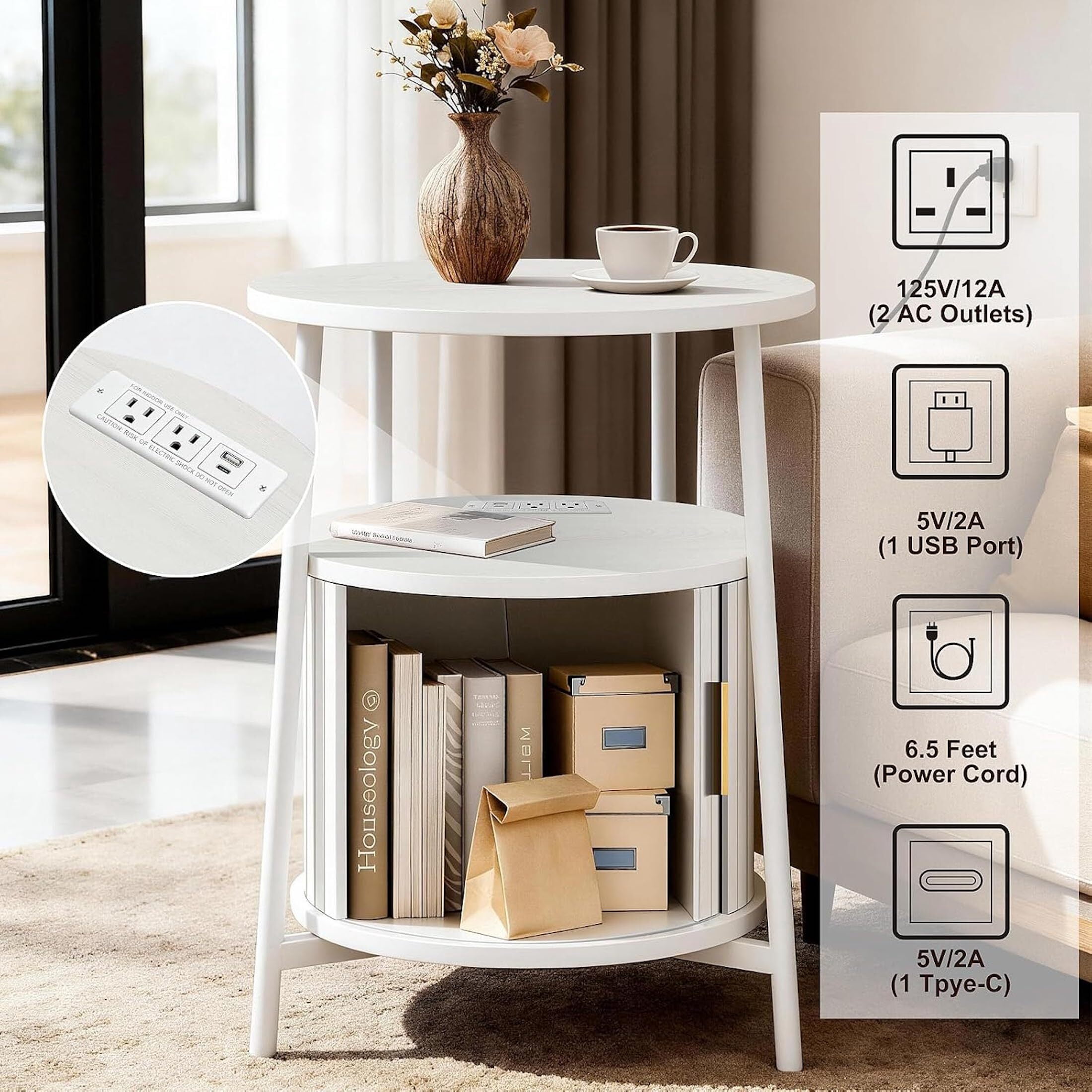 AISWORD Nightstand with Charging Station, Modern Round Bedside Table with Sliding Door Storage, White, 2 Pack