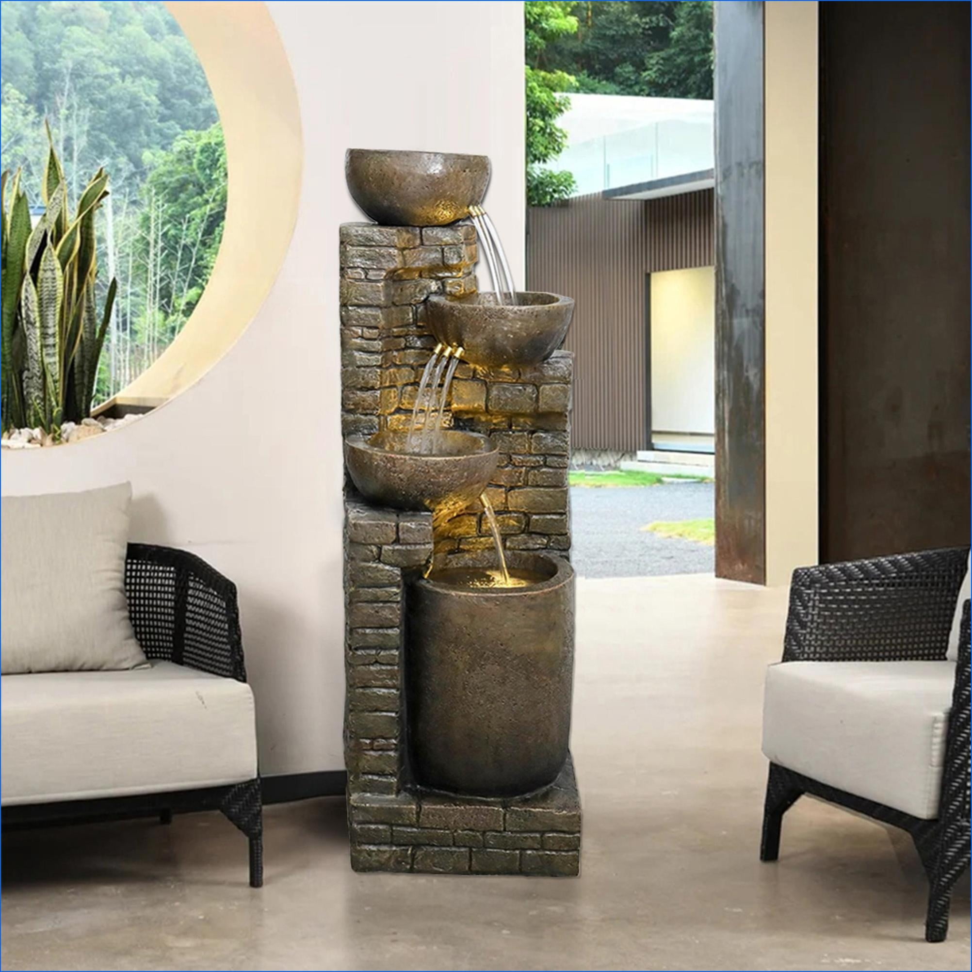 Fountains 38.2" H Outdoor Stacking Fountain for Garden Patio, with LED Lights & Built-in Pump | Resin | Walnut Brown