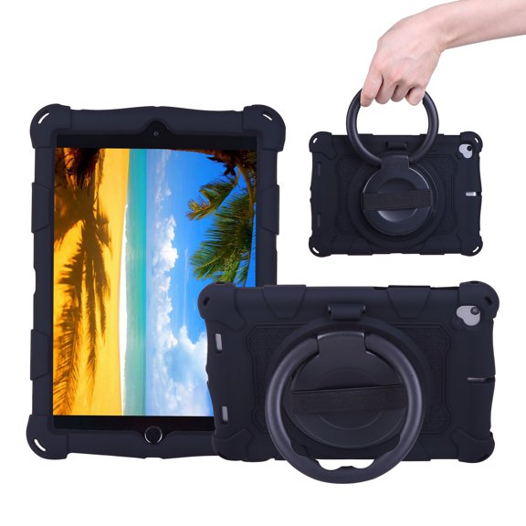 Dteck Kids Case for iPad mini 1/mini 2/mini 3/mini 4/mini 5 7.9 inch,Shockproof Silicone Case 360 Degree rotating Kickstand Cover with Shoulder Strap ,Black