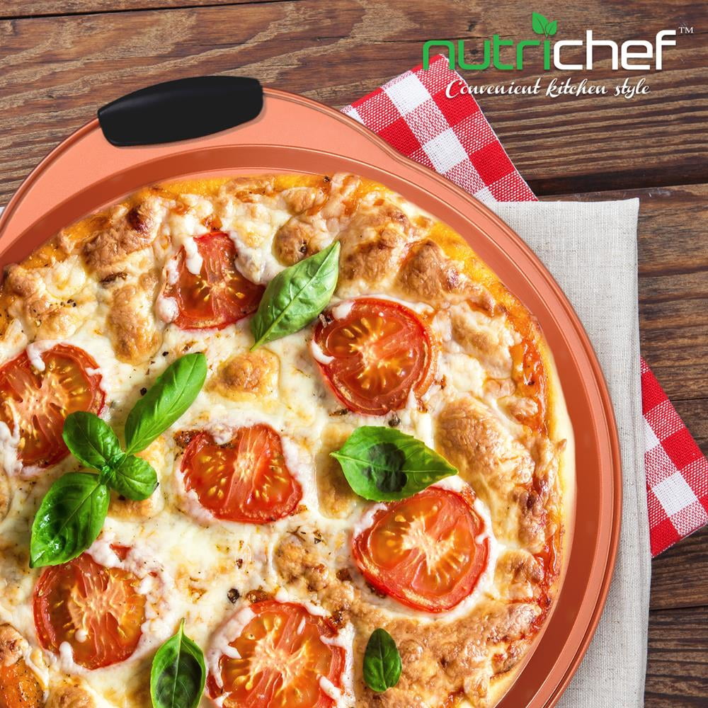 NutriChef Non-Stick Pizza Tray - with Silicone Handle, Round Steel Non-stick Pan with Perforated Holes, Premium Bakeware, Pizza Tray with Silicone and Oversized Handle, Dishwasher Safe - NCBPIZ4