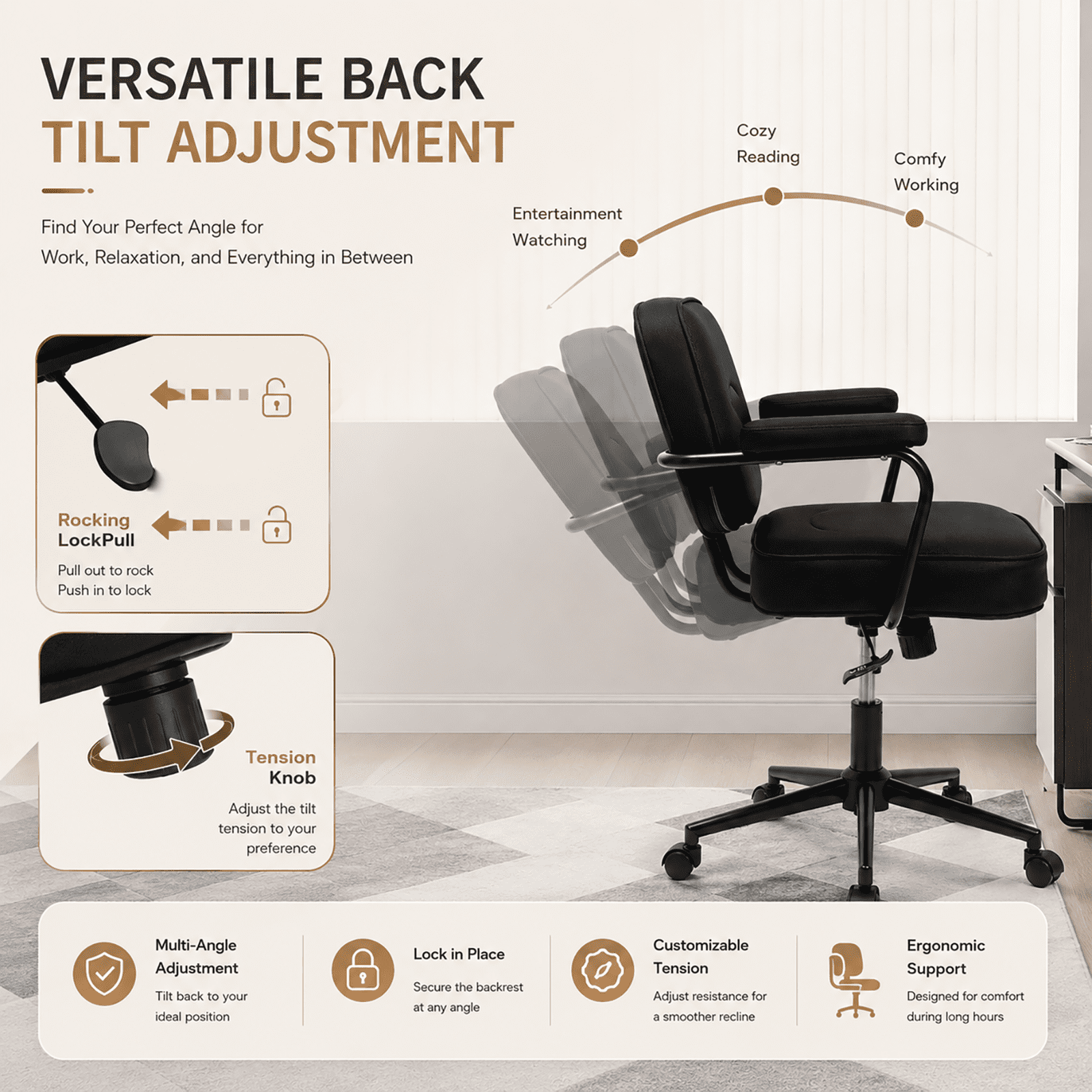 Ergonomic Office Chair, PU Leather Executive Desk Chair with Fixed Armrests, Adjustable Height, Rocking Function, 360° Swivel Rolling Wheels Black