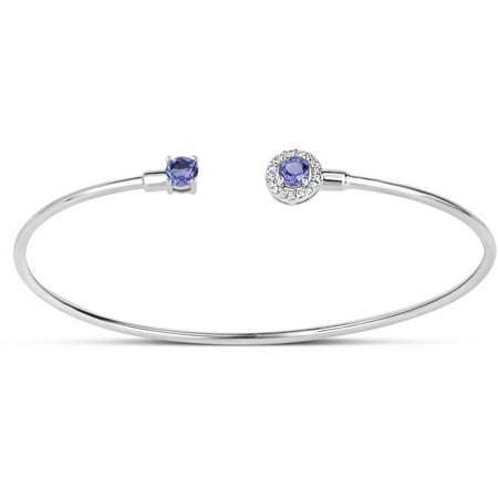 Genuine Amethyst and White Topaz Sterling Silver Rhodium-Plated Halo Cuff Bangle
