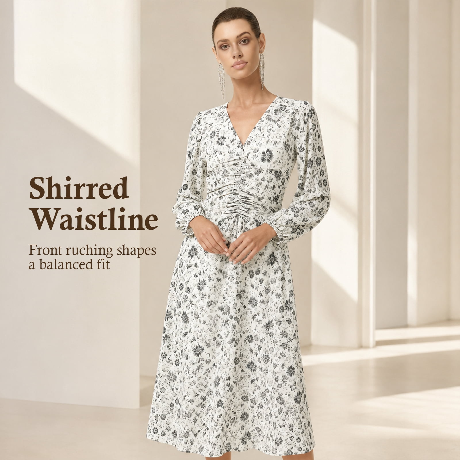 Alvantor Women's Ivory Multi Floral Midi Dress with V-Neck, Long Sleeves and Ruched Waist