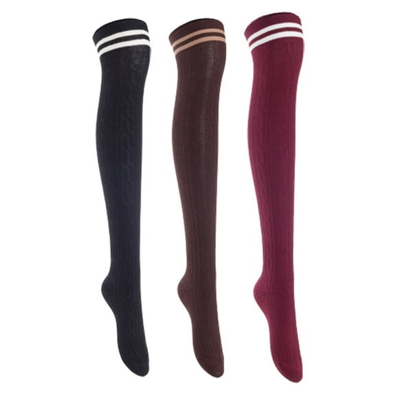 Lian Lifestyle Women's 3 Pairs Incredible Durable Super Soft Unique Over Knee High Thigh High Cotton Socks, Size US 6-9, JMYP1023 Black,Coffee,Wine