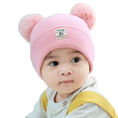 

Winter Warm Baby Knitted Hat Furry Balls Decor Children Beanie Hat Logo Pattern Brimless Toddlers Knitting Hat Outfit