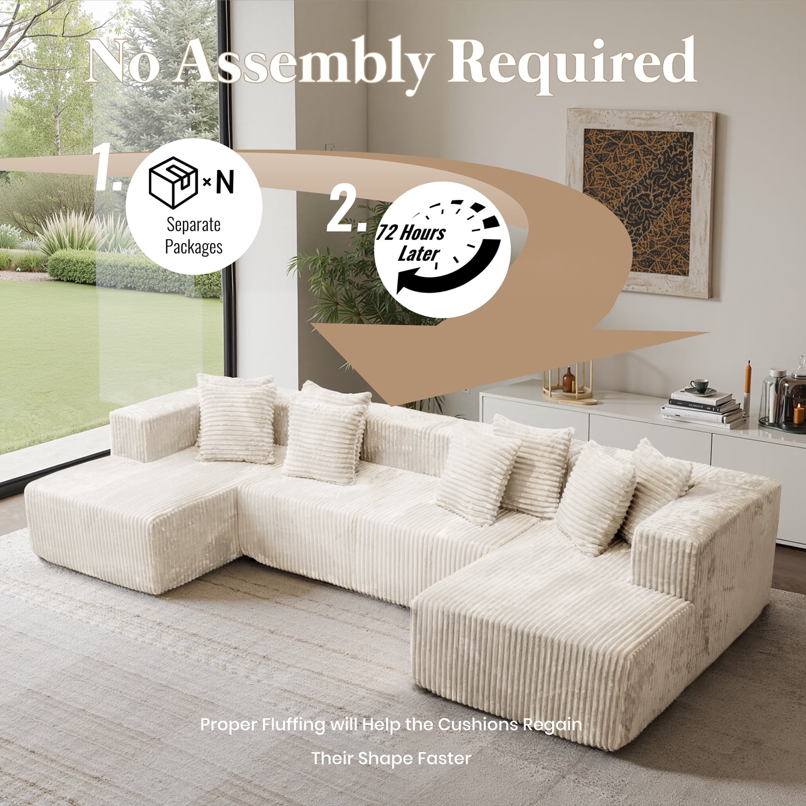 Kelyda 130'' U Shaped Sectional Couches, Modern Deep Seat Foam Boneless Cloud Sofa for Living Room Beige