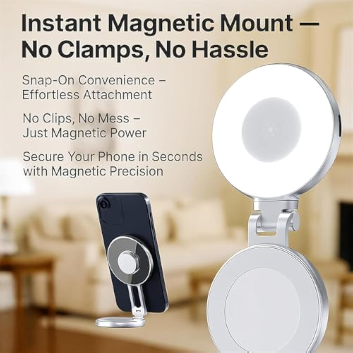 Quantifty 3-in-1 Magnetic Beauty Selfie Light for Phones, Portable Magnetic Selfie Light with Mirror, 360° Foldable Ring Light, Three Soft Color Temperatures, for Photography Recording