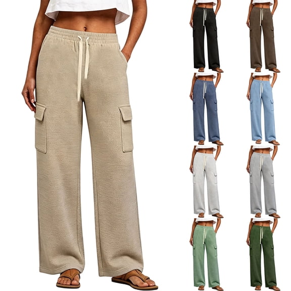 Women's Soft Wide Leg Cargo Sweatpants with Pockets, Elastic Drawstring Mid Waisted Casual Hiking Jogging Work Outdoor Pants for Women | UKHCCC,Army Green L