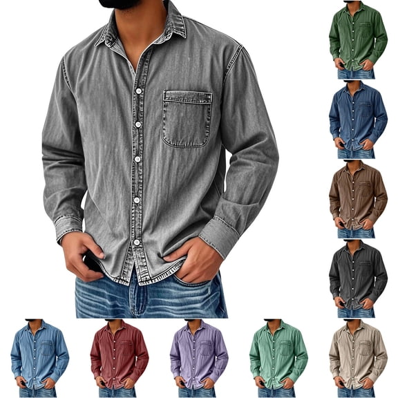 RongHuan Big and Tall Denim Shirts for Men Vintage Button Down Shirt Casual Long Sleeve Tshirt Distressed T-Shirt with Pocket