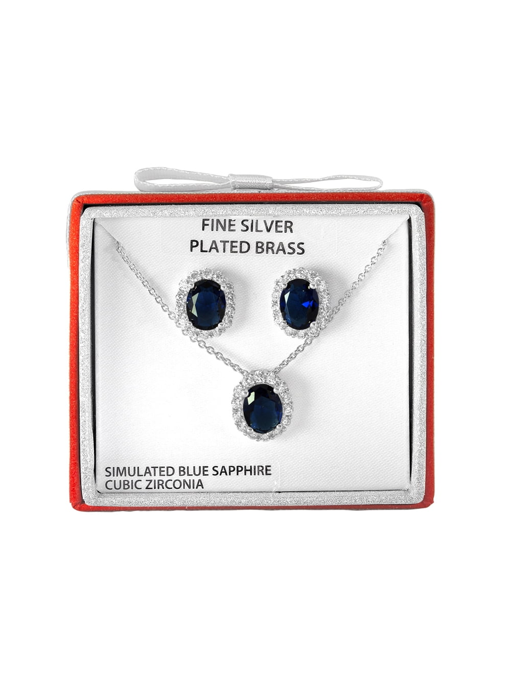 Simulated Blue Sapphire and CZ Fine Silver-Plated Boxed Set with Earring and Pendant, 18"