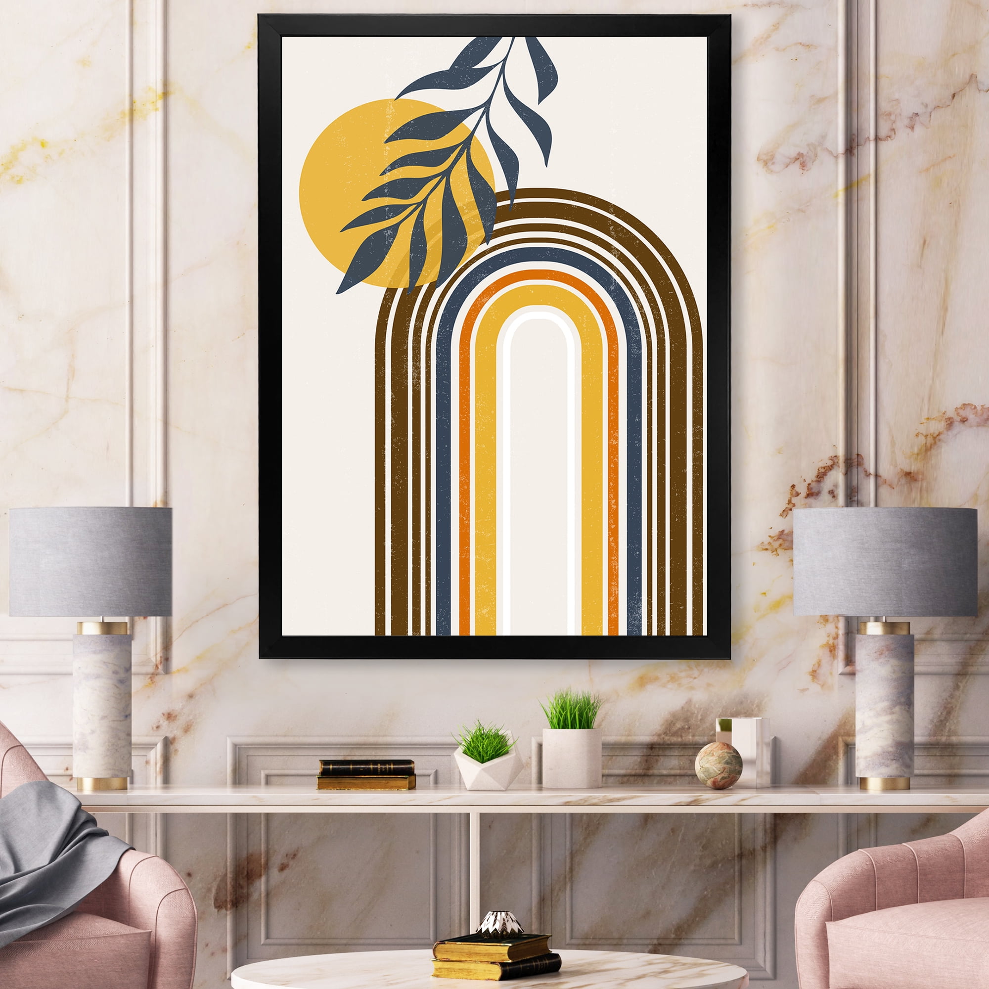 Designart 'Abstract Moon Sun Leaves II' Modern Framed Art Print