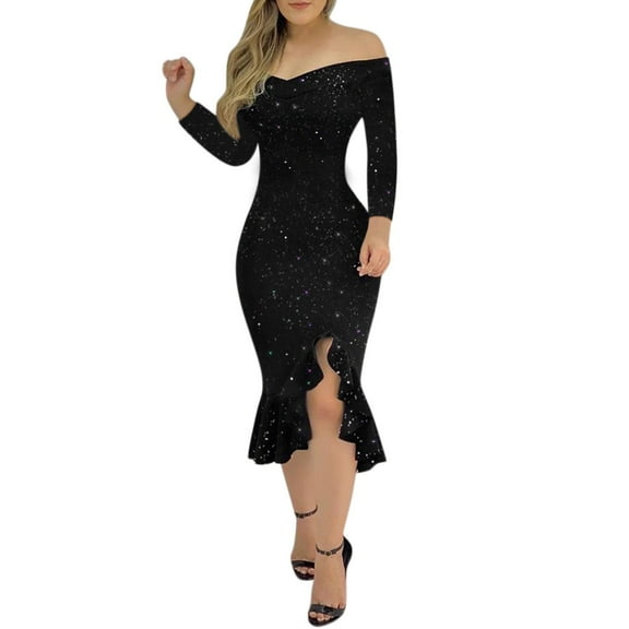 KaLI_store Formal Dresses for Women Wedding Guest Women's Round Neck Sequin Maxi Dress Long Evening Dress Black,XXL