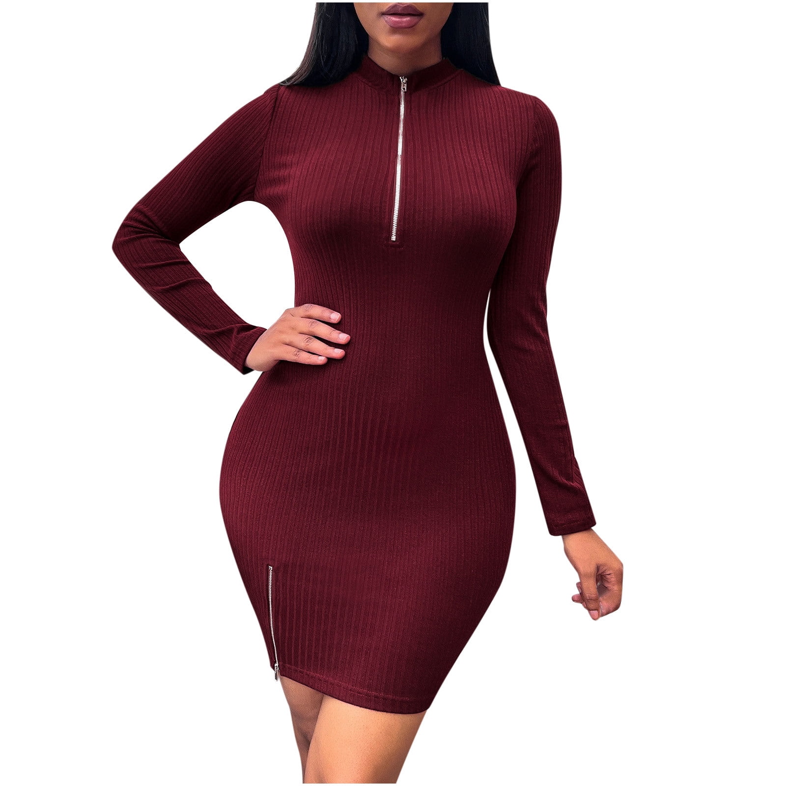 Work Dresses for Women V Neck Lapel Collar Zipper Slit Solid Color Long Sleeve Slimming Midi Dress Fall Dresses Walmart