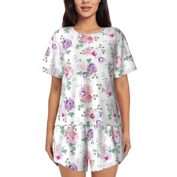 Balery Rose Flower B Conjunto de Pijama para Mujer con Estampado, Dos Piezas de Manga Corta y Shorts, Ropa de Dormir Suave con Cuello Redondo y Bolsillos-Large