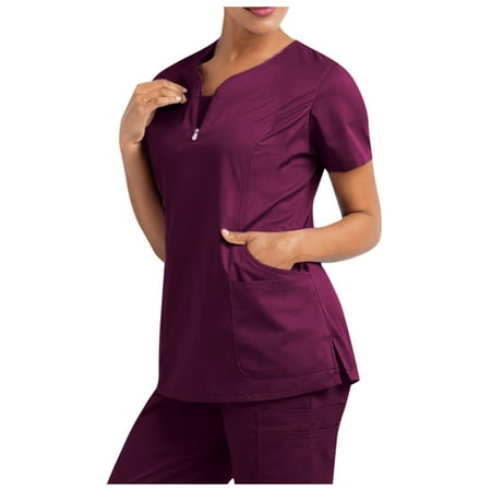 

Cakiesky Women s Scrubs Top Breathable V-Neck Printed Nursing Uniforms Red M