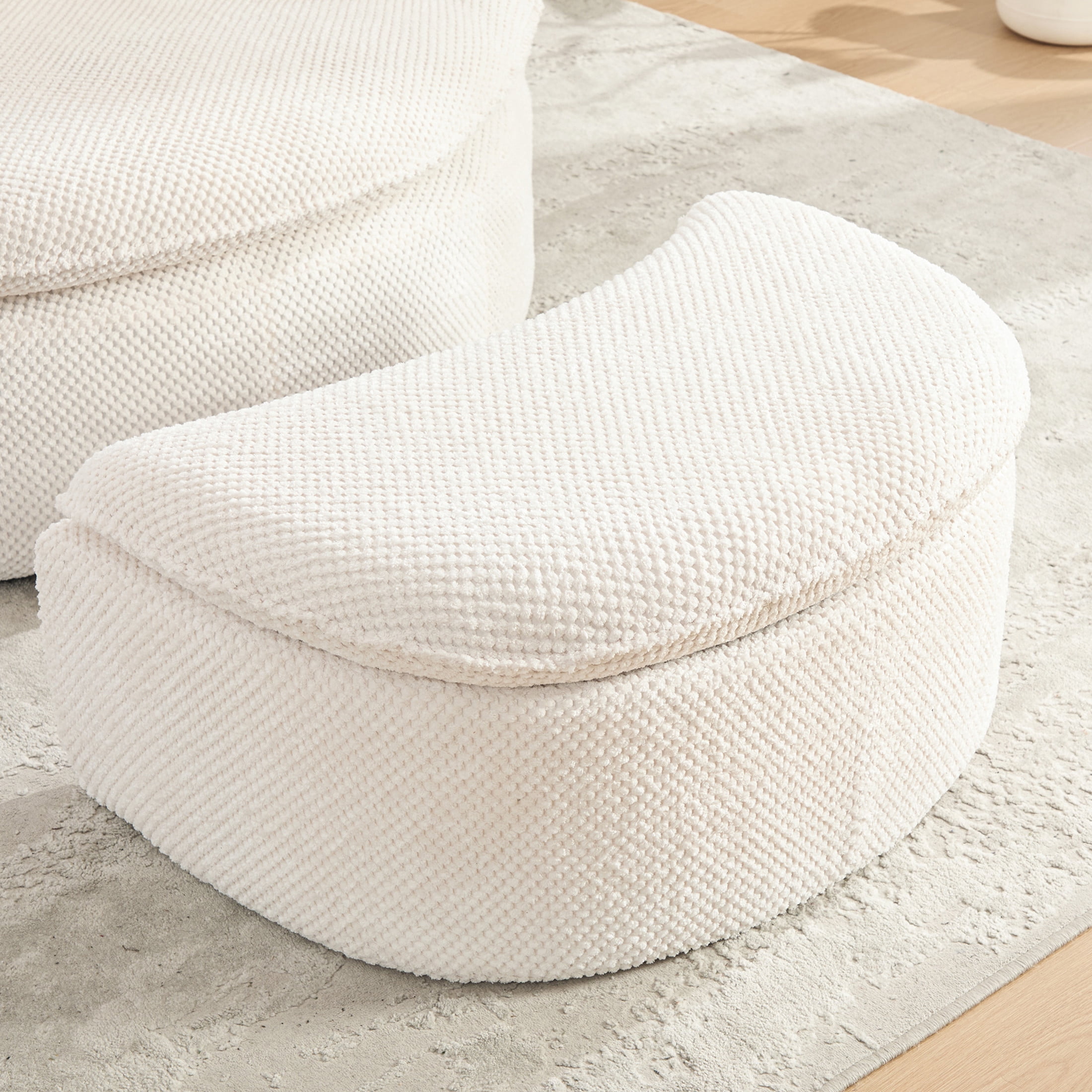 GDF Studio 34.45-Inch Moon-Shaped Footstool Ottoman with Pineapple Lattice Fabric, Beige