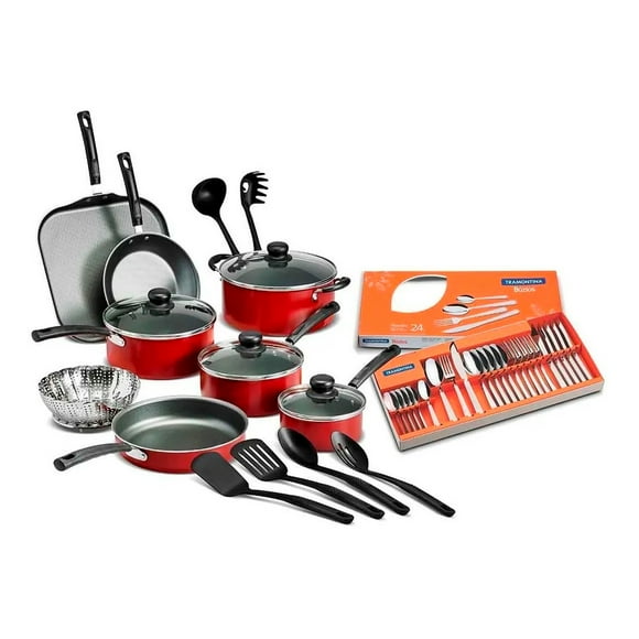 Batería de Cocina Tramontina Primaware Rojo 18 piezas + Buzios 24 piezas