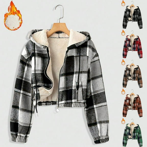 Women's Sherpa Fleece Lined Cropped Jacket Plaid Zip Up Fuzzy Hooded Coat Fall Winter Warm Crop Outerwear with Pocket