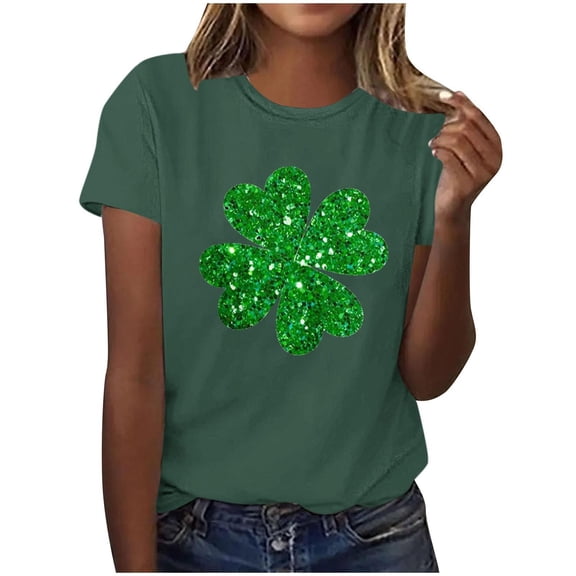 Dark Green Sparkle T Shirt St Patricks Day Glitter Clover Graphic Tees Short Sleeve Black Tops Elegant Irish Blouse