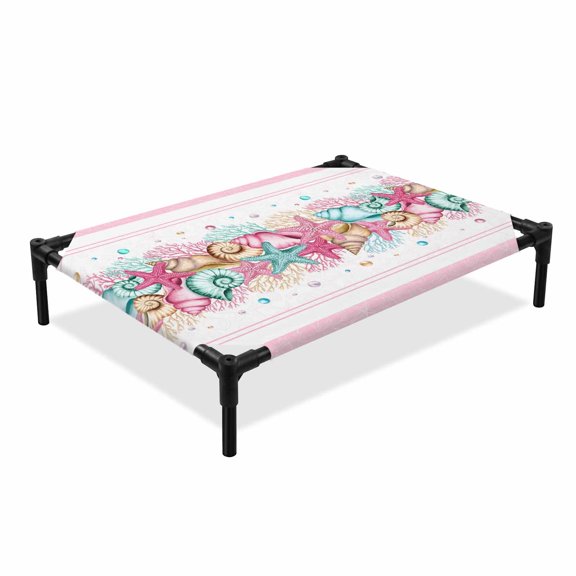 Summer Marine Elevated Dog Bed, Life Beach Starfish Shell Coral Pink Stripes Cooling Breathable Outdoor Raised Dog Cot Bed with Metal Frame Non-Slip Feet for Medium Dog 24x20in