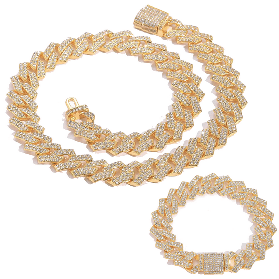 Block Chain Necklace & Bracelet Set (14mm, Gold)