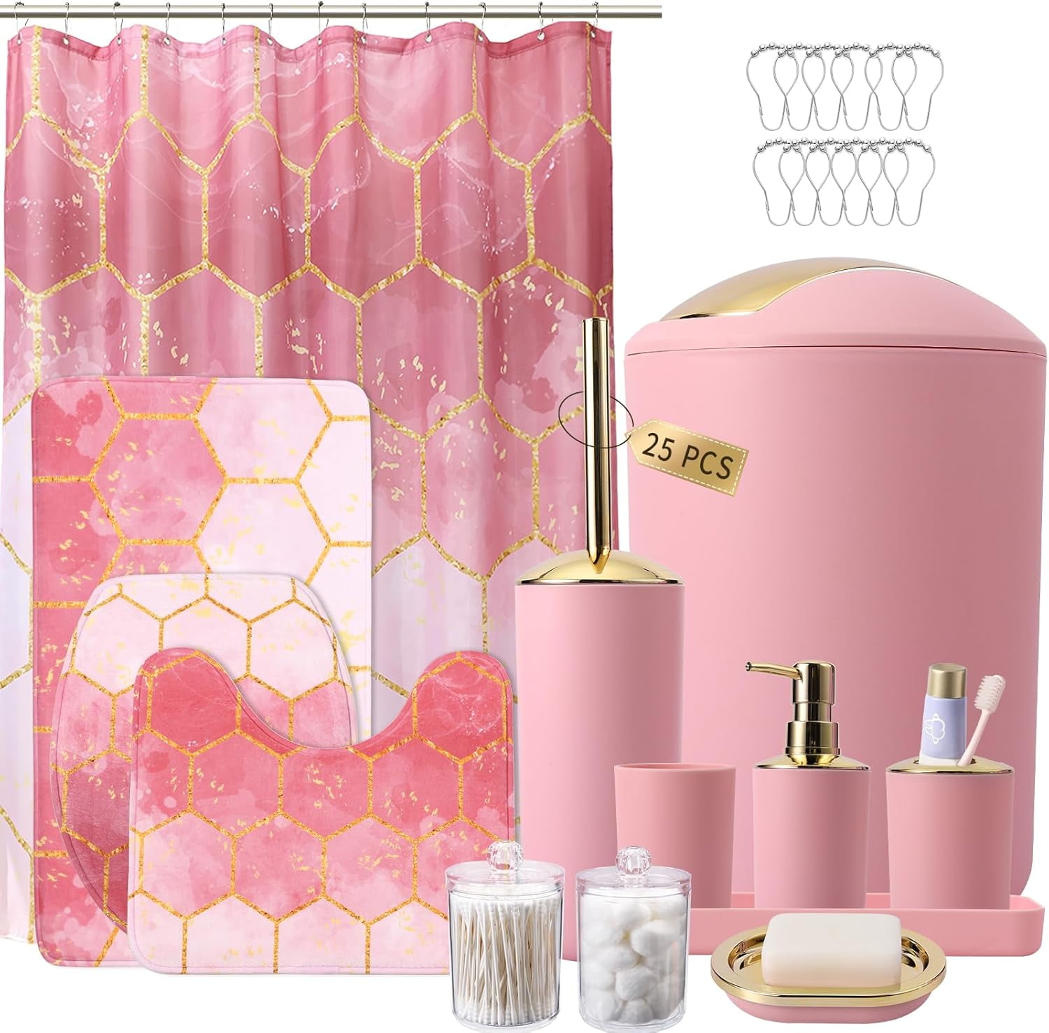 25 Pieces Bathroom Set Orange and Gold Bathroom Accessories Set, Shower Curtain and Rugs, Trash Can, Toilet Brush, Soap Dispenser, Soap Dish, Toothbrush Holder, Tumbler, Tray, Qtip Holder