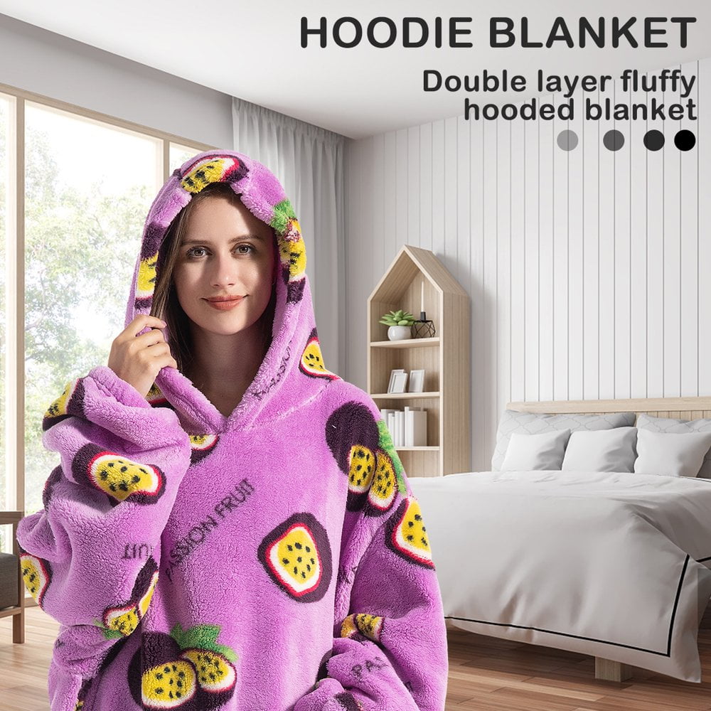 Blanket Hoodie Sweatshirt with Pocket Lining Fluffy Oversized Blanket Hoodie Cute Print Wearable Hooded Blanket Cozy Warm Hoodie Sweater Blanket One