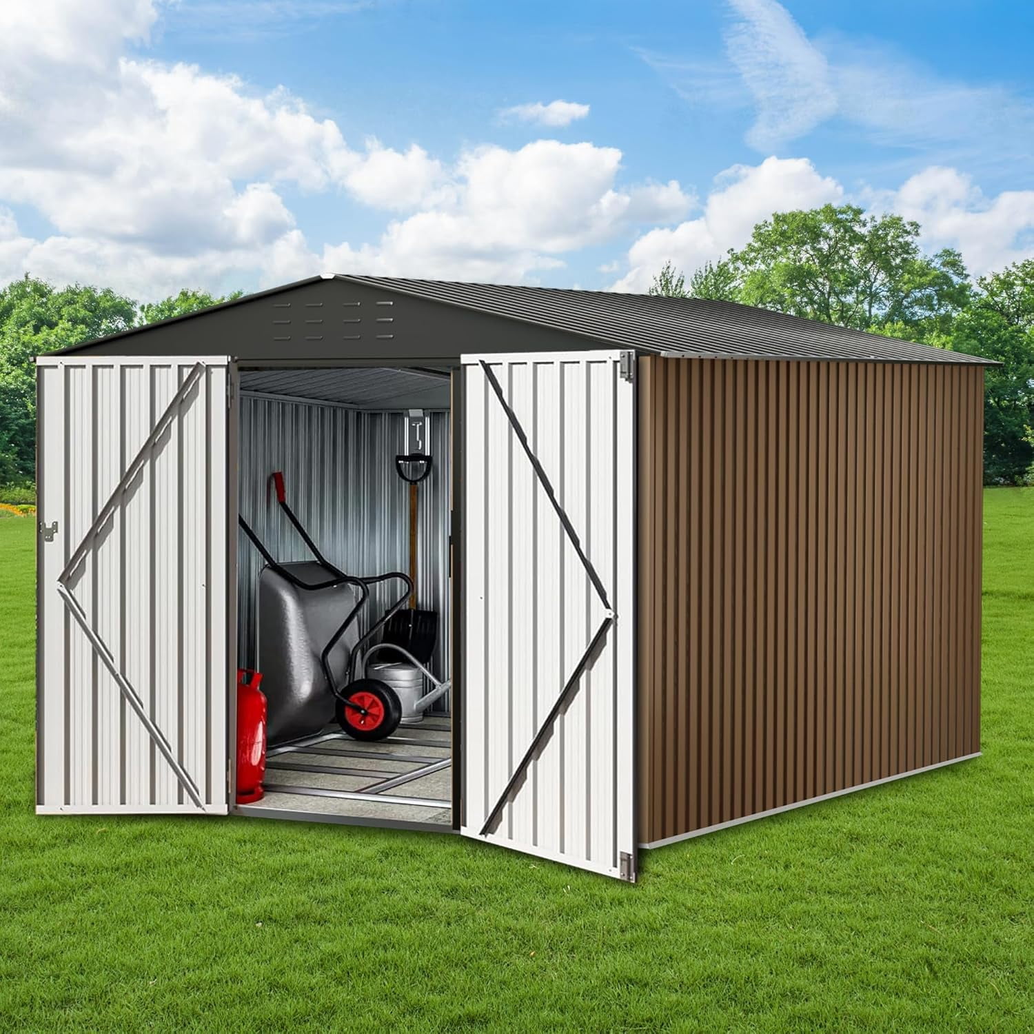 2025 New Outdoor Storage Shed,Large Garden Shed,Large Metal Tool Sheds with Slooping Roof and Vents,Updated Reinforced and Lockable Doors Frame Metal Storage Shed for Patiofor Backyard,Patio