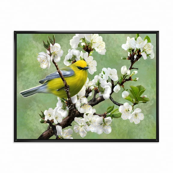 Designart 'Bird Sitting On A Branch of Cherry' Traditional Framed Canvas Wall Art Print