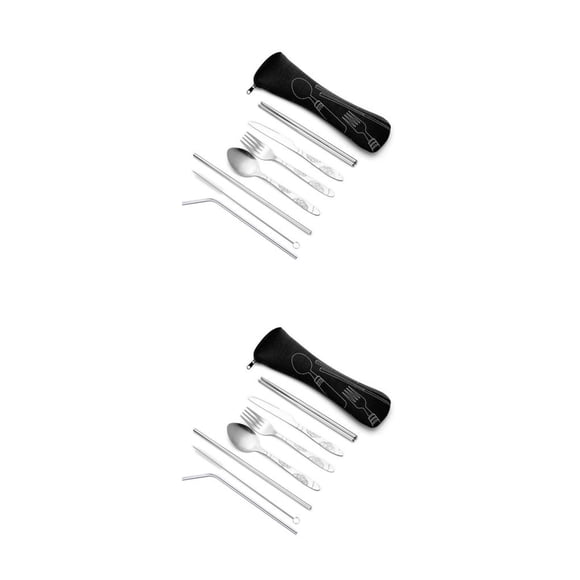 Inteprter Juego de cubiertos antideslizantes de acero inoxidable, juego de vajilla plegable para el almuerzo, tenedor para exteriores a prueba de Negro 2piezas