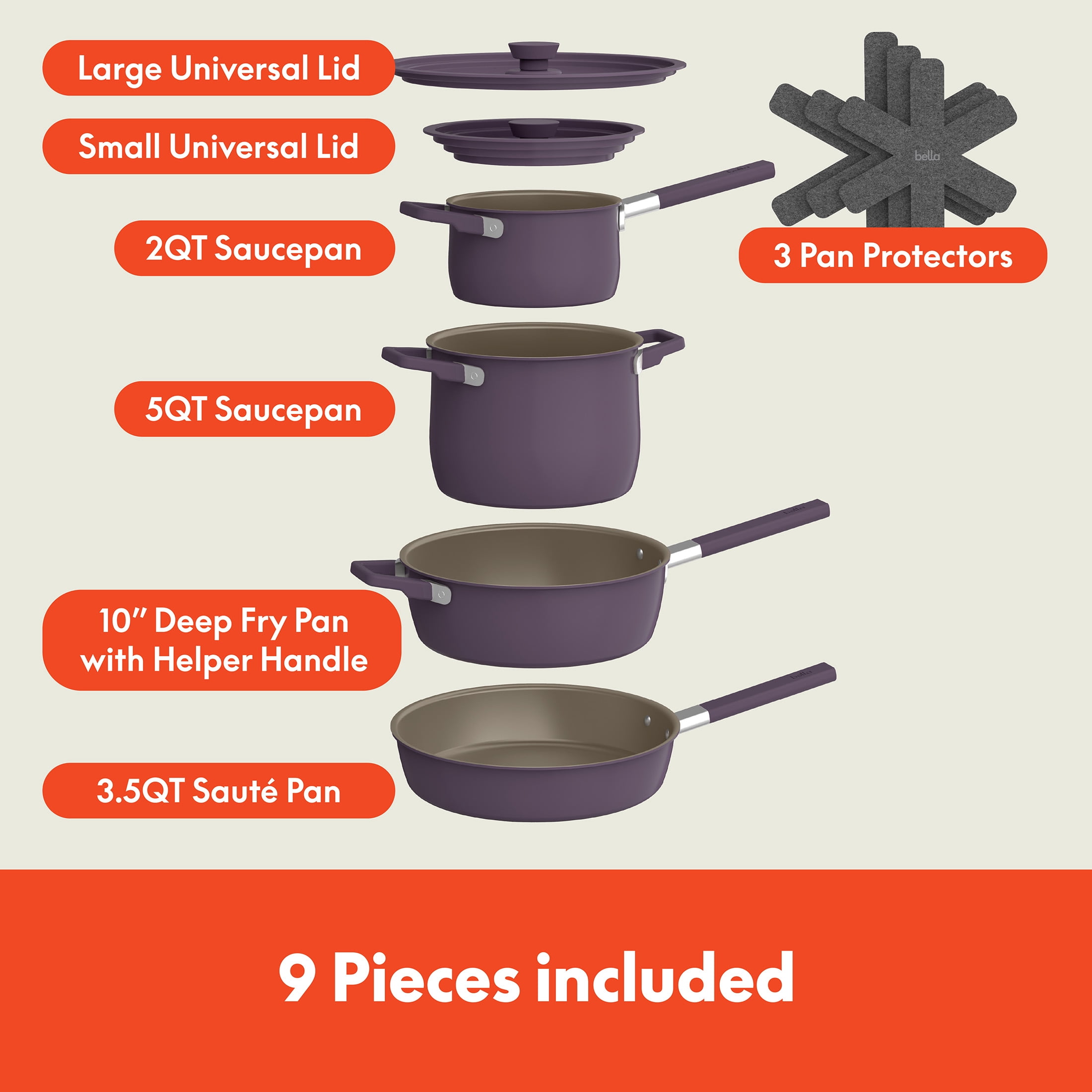 bella 9-Piece Cookware Set, Fits-anywhere™ Kitchenware, Plum