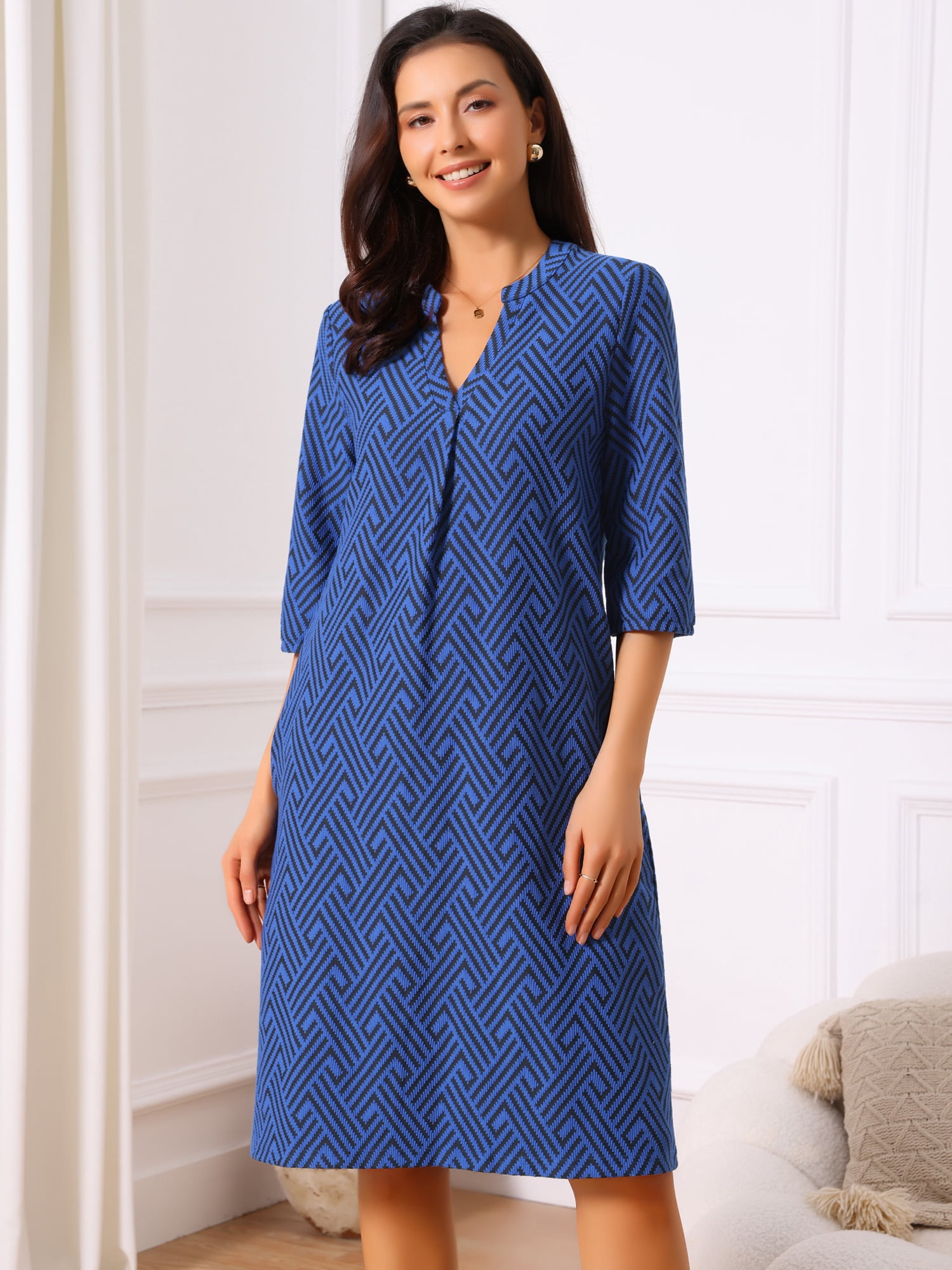 DARING DIVA Women's 3/4 Sleeve V Neck Zigzag Print Dress XL Royal Blue