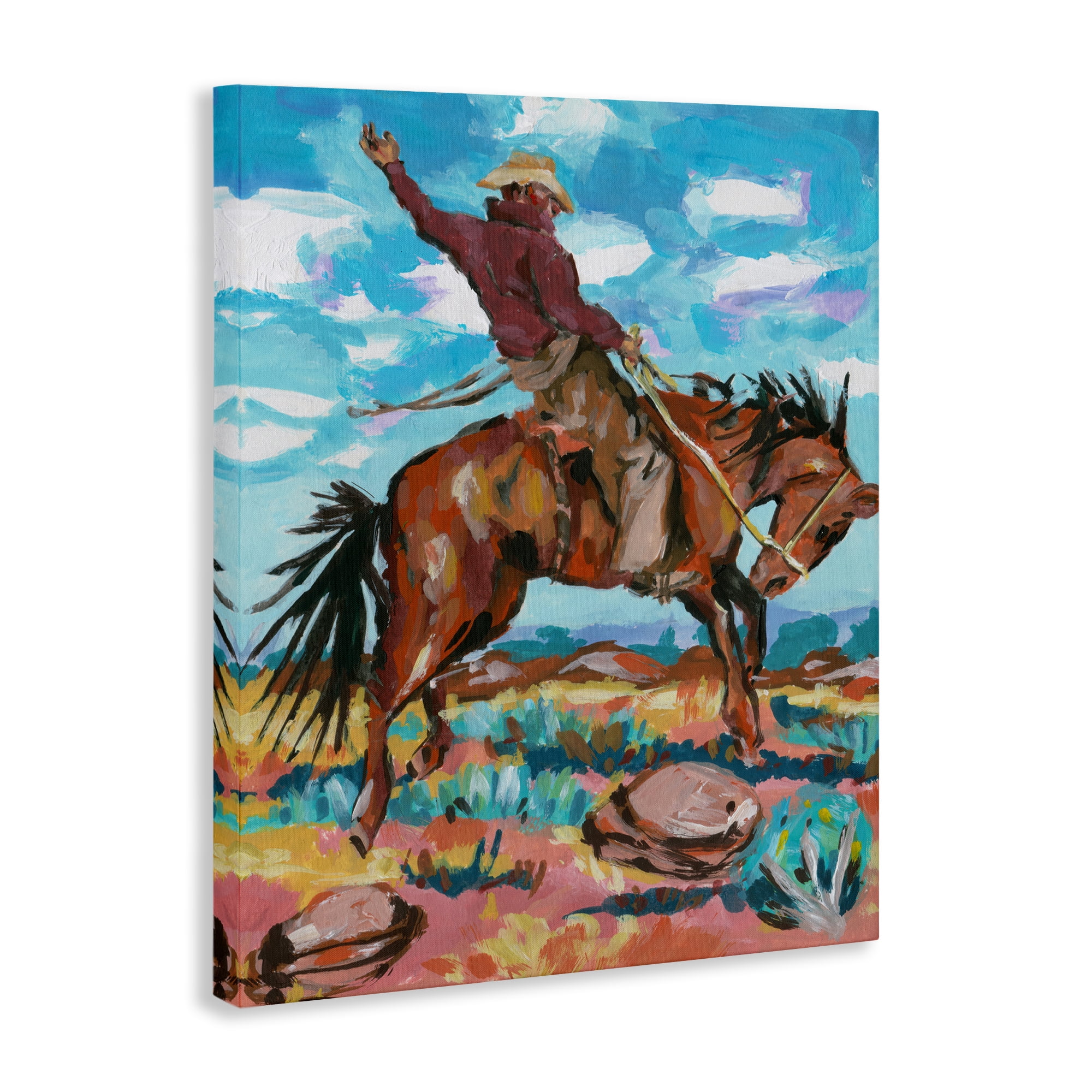 Stupell Industries Cowboy on Rearing Horse Animals Painting Wrapped Canvas Art Print Wall Art, 24 x 30