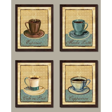 Coffee Club- Vintage Coffee Espresso Mocha Cappuccino Art Print Posters by Paul Brent; Four 8x10-Inch Brown Framed Fine Art Prints; Ready to hang!