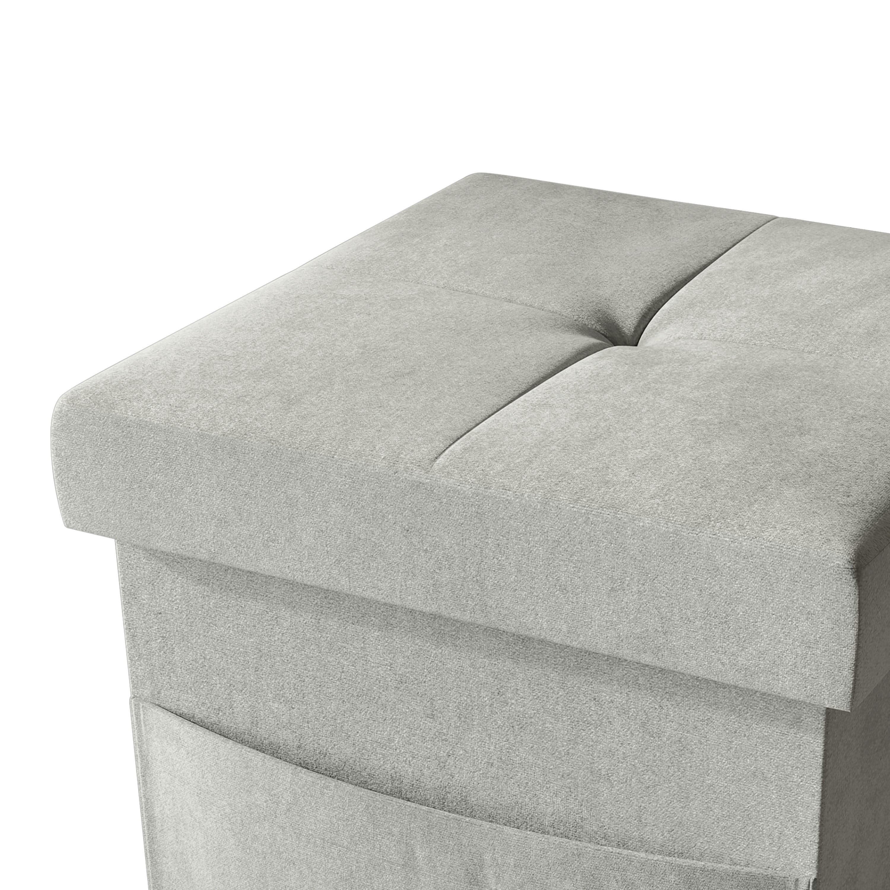 Home Design Chico 12" Tufted Upholstered Folding Storage Bench with Deep Cushion and Front Pocket, Multi-Purpose Rectangular Design for Bedroom, Entryway, or Living Room, Light Gray