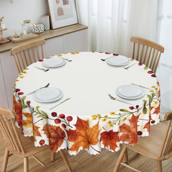 Autumn Leaf Fall Wreath Round Tablecloth Waterproof Oil Proof Spill Proof Table Cloth 70" for Camping, Dining, Indoor and Outdoor Table Cover