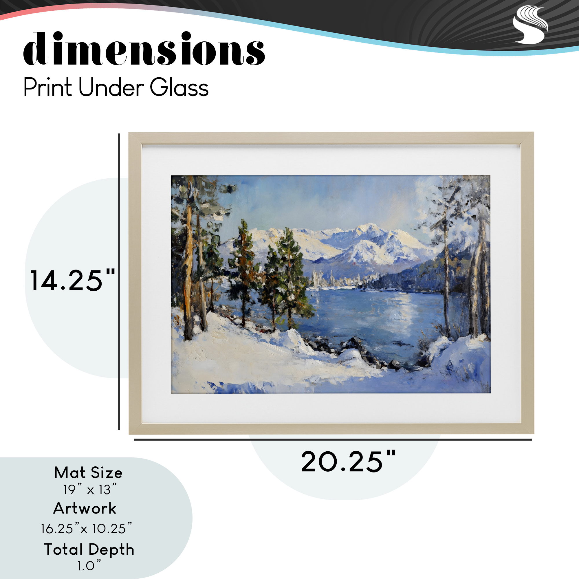 Winter Mountain Lake Birch Framed Print Under Glass, design by Petal Prints Design