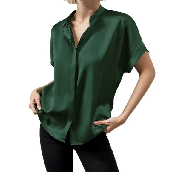Women's Solid Color Satin Short Sleeved Shoulder Collar Short Sleeved Shirt